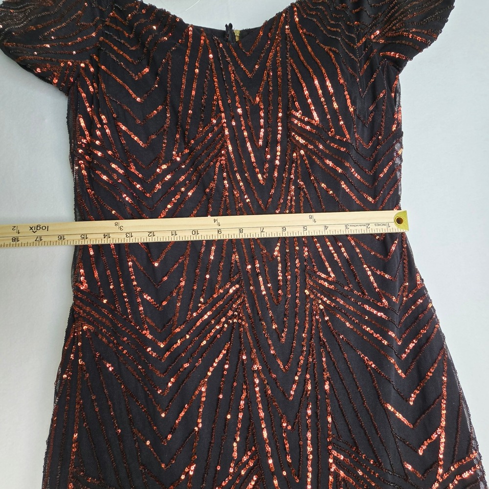 Iris Black Copper Sequin Chevron Bodycon Mini Dress Short Sleeve Medium - Picture 6 of 9